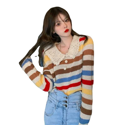 Retro vintage women knitwear loose lazy style rainbow stripes crochet princess collar sweater crochet knitting