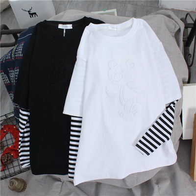 2021 Spring basic cotton shirt cotton embossed bear long sleeve 2in1 fake two-piece T-shirt top