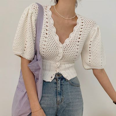 Korean crochet cardigan short waist bubble sleeve lace trim knitwear top for blouse femme