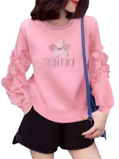 Kawaii 3D embroidery floral letters pullover long sleeves T-shirt agaric edge stitches