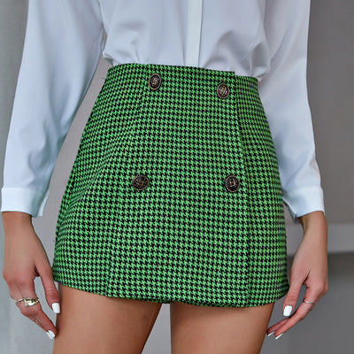 2022 fall winter high waist A-line short skirt pants plaid houndstooth double placket fashionable shorts