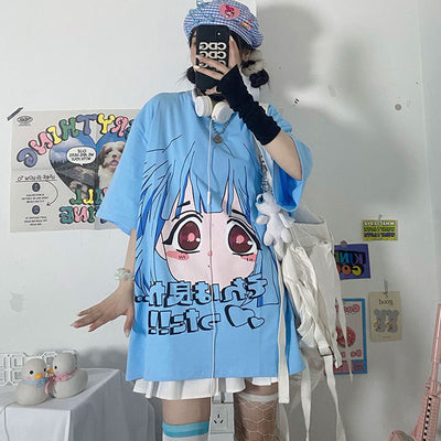 Harajuku anime short-sleeved T-shirt niche design girl face loose fit long shirt instashop