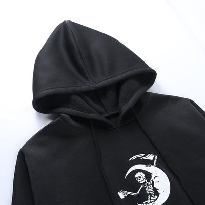 Dark gothic skull skeleton crescent print crop top big cap hoodie warm sweatshirt street hipster