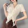 Trendy 2022 ruched ruffle asymmetric hem princess sleeves slim fit blouse women shirt outfit