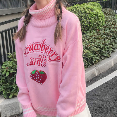 kawaii turtleneck strawberry embroidered long sleeve sweater loose fit pullover sweatshirt