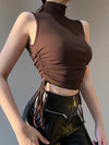2022 new crop cami vest slim solid color turtle neck drawstring lace up sleeveless knitwear Knitted Rib Tank Top