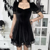 Dark gothic suede velvet square neck lace trim bubble sleeves mini dress