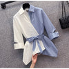 Splicing block color stripes hollow cut sleeves lapel collar long shirt with belt plus size