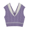 Kpop star purple knitted V-neck vest drop shoulder stripes new loose casual sleeveless sweater