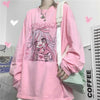 Korean pink long sleeves T-shirt girl anime prints loose sweatshirt kawaii cute girl top