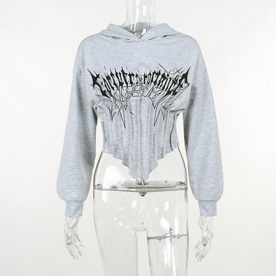 New autumn hooded sweatshirt corsetwise gothic prints crop short irregular hem batwing hoodie