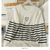 Korean kawaii striped embroidered heart round neck sweater agaric hem cuff women top loose fit pullover