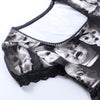 Dark gothic square neck skulls horror dolls print skater dress lace trim pleated umbrella swing skirt for women