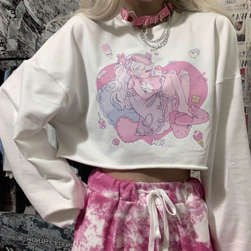 Harajuku bf style loose fit crop top anime girl pullover Tee T-shirt