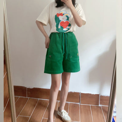Kawaii elastic cotton corduroy casual college style exquisite embroidery high waist demi shorts