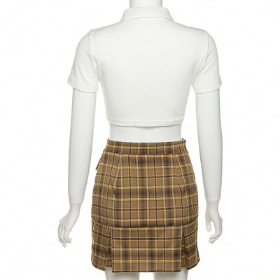2022 summer short-sleeved dew umbilical rib fabricT-shirt plaid square cut pleated skirt women set