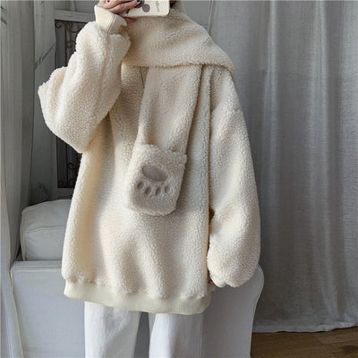 Kawaii 2 pc scarf teddy sweatshirt set cute warm sweater bear ear scarf hat lamb wool plush for winter loose fit coat for boys n girls
