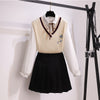 College set for Girls V neck Vest top blouse pleated skirt with ribbon knot bows