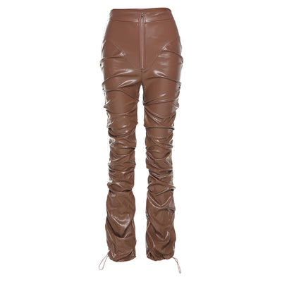 PU faux leather high waist tight hip pleated trousers casual hip hop hight street pants