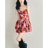 Movie stars retro red floral skirt double hem pleated chest highly chic dress spaghetti sling straps