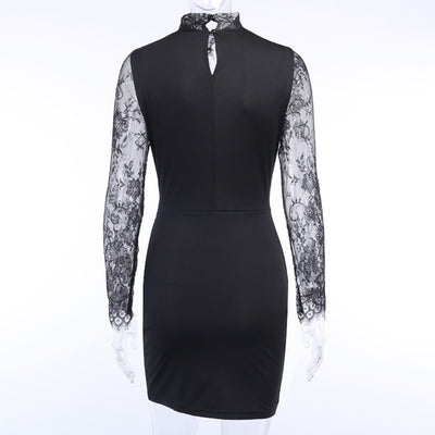 Sexy lace stitching long sleeved dress choker sexy V-neck slim fit high waist hip tight skirt celebrity wears
