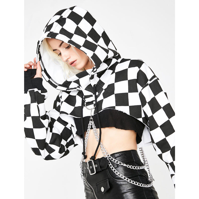 Asiatisches Popstar-Stil Patchwork Schachbrett kurzes Kapuzen-Sweatshirt angekettet Balero Gothic Streetwear für Mädchen