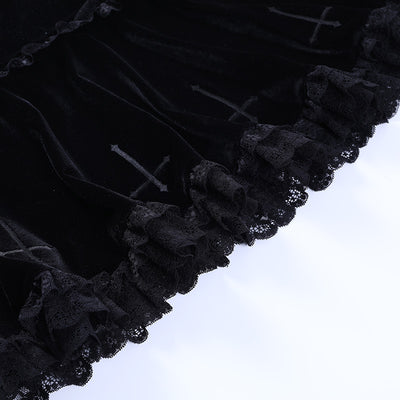 Dark gothic embroidery cross lace trim velvet high waist new half skirt