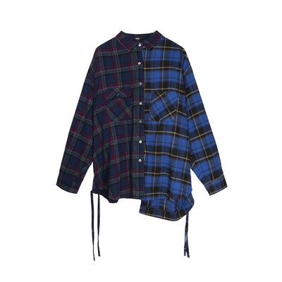 Kpop Ji soo stardom vintage stitching plaid splicing color niche design drawstring shirt
