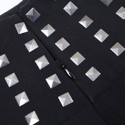 Gothic trendy rivet band highly elastic black pleated skirt for hot girls