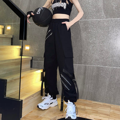 2022 new niche design bandage zippers drawstring cuff high street casual cargo pants joggers for autumn