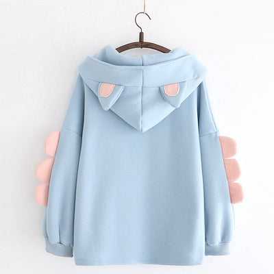 Kawaii baby kitty with crescent mark ears and claws soft style cute embroidered hooded loose fit sweatshirt pastel color