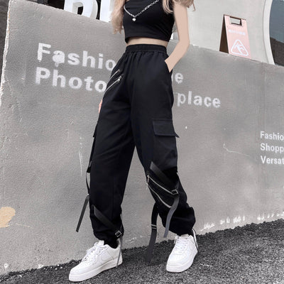 2022 new niche design bandage zippers drawstring cuff high street casual cargo pants joggers for autumn