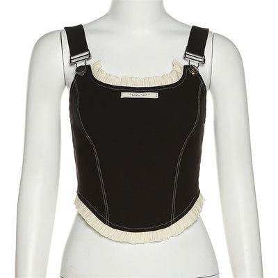 3D design denim buckle slim fit camisole vest ruffle trims word prints backless cami