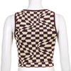 Plaid contrast color asymmetric geometry grid slim round neck vest knitwear sleeveless crop top sweatshirt