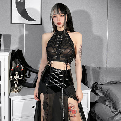 Sexy gothic Roman gladiator 3D style rivet lace up strappy mesh dew umbilical bandage vest halter neck