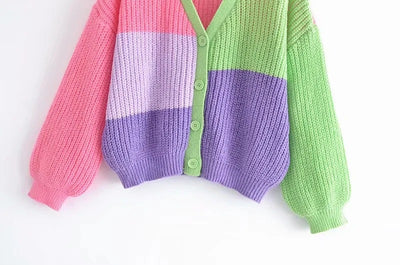 2022 new contrast block color splicing design loose knitted sweater women crocheted cardigan