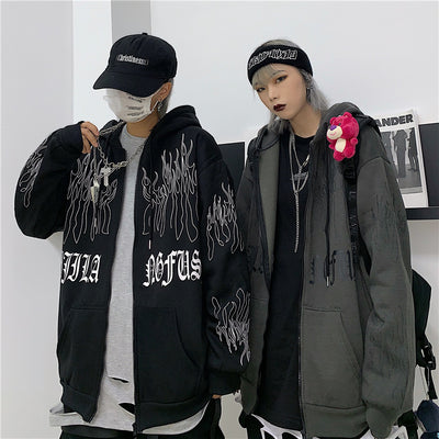 Korean instafashion dark gothic flame printed hip hop hooded sweater cardigan w/ lining for boys and girls