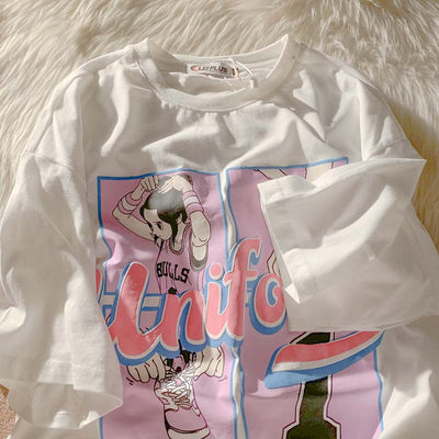 2021 Retro vintage anime girl bf style loose t-shirt hiphop chic bomb streetwear
