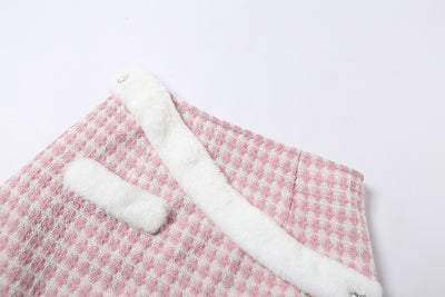 Fur band belt dew umblical round neck splicing plaid top princess sleeves high waist skirt suit kawaii pink set