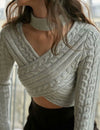 New grey twist knit crochet sweater for fall by ins blogger cross bands hollow cut neck choker