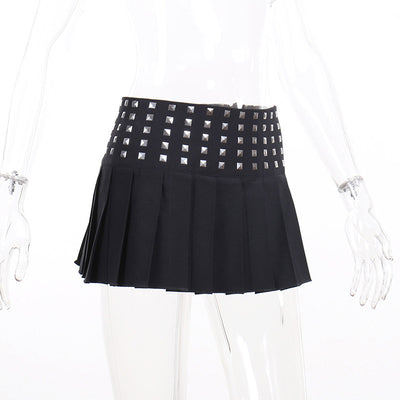 Gothic trendy rivet band highly elastic black pleated skirt for hot girls