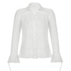 Retro vintage pleated slim waist women blouse split flared sleeves lapel collar single-breasted shirt