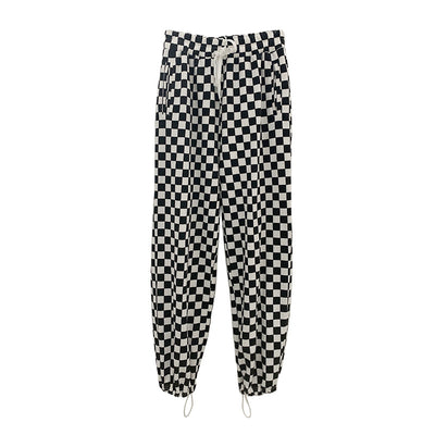 EAL checkerboard patchwork plaid grid loose high waist B/W straight long pants warm gothic trousers