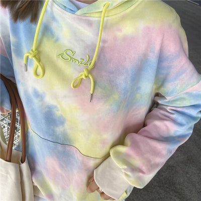 Exotic tie-dye embroidered letter casual style hooded sweatshirt kawaii pastel color