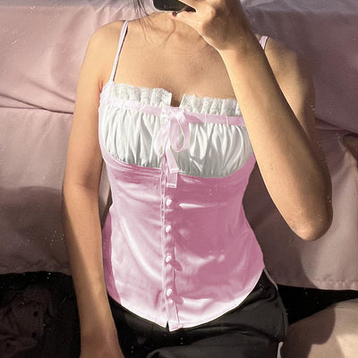 Sexy pink lady classic camisole fake 2 pc wired tops buttoned pleated cami square neckline petite undershirt