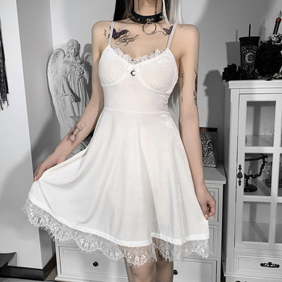 Sling straps velvet dress A line skirt backless lace trims stitching slim fit basic wear