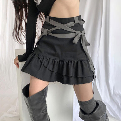 2021 dark gothic casual bandage high waist layered pleated flounces skirt ripped trim