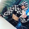 Asiatisches Popstar-Stil Patchwork Schachbrett kurzes Kapuzen-Sweatshirt angekettet Balero Gothic Streetwear für Mädchen