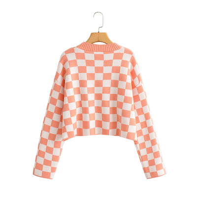Japanese loose retro cropped sweater screw neck checkerboard plaid patchwork pattern pink pullover vest