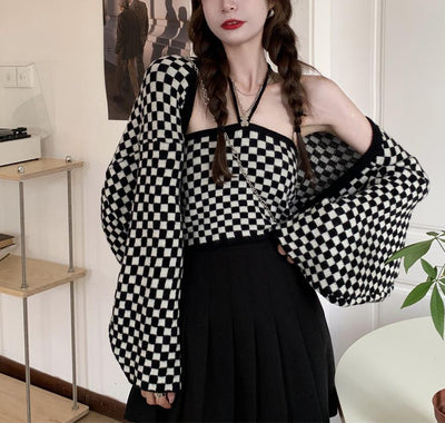 2022 retro black white checkerboard hanging neck suspenders cami knitted shawl balero cardigan 2 pc knitwear set